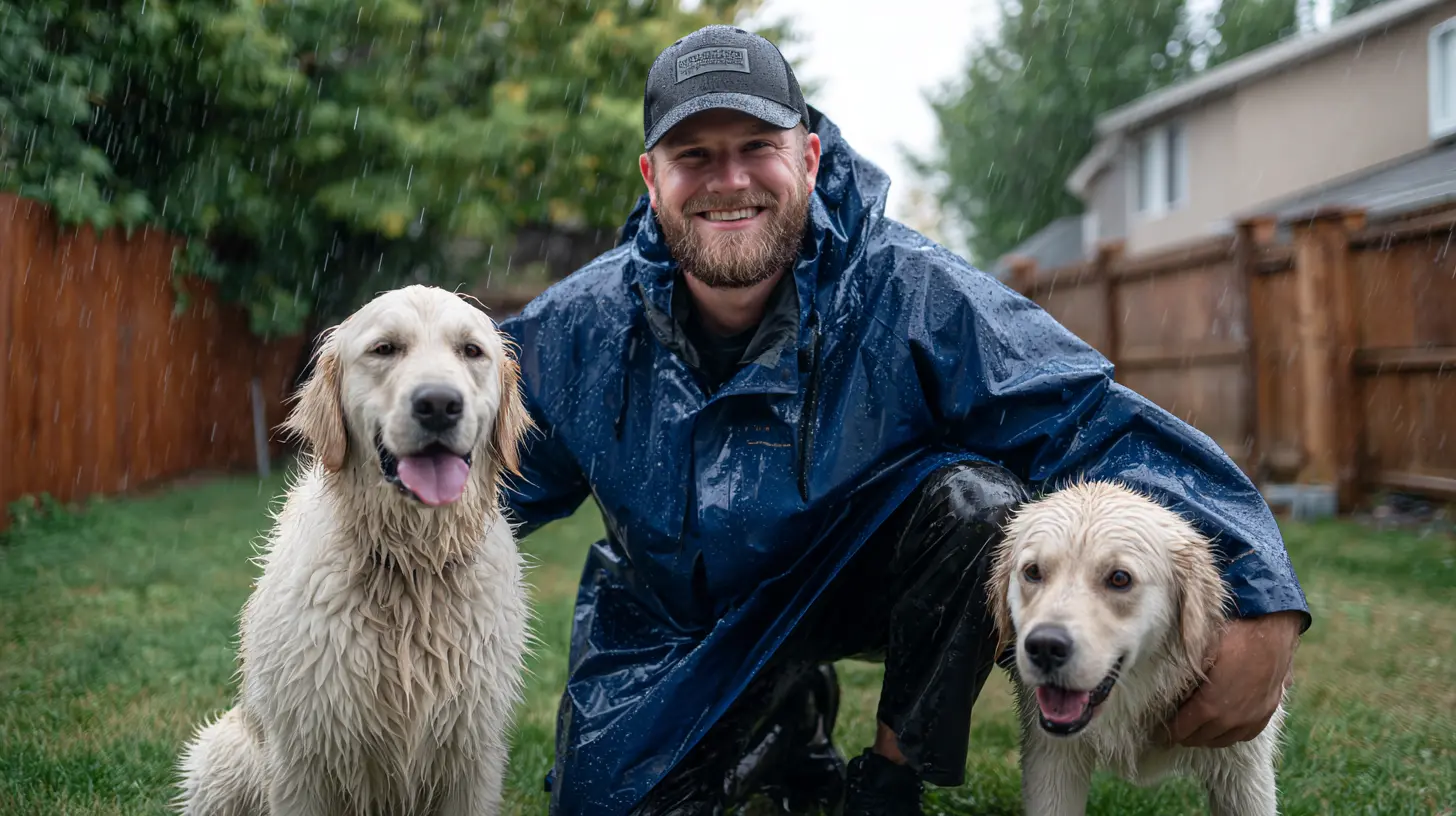 Fresh Paws professional with two golden retrievers in the rain, demonstrating weather-resistant service